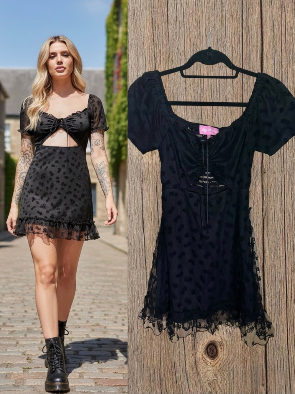 Sugar Thrillz Blooming Midnight Floral Flocked Mesh Cutout Mini Dress Small NWOT